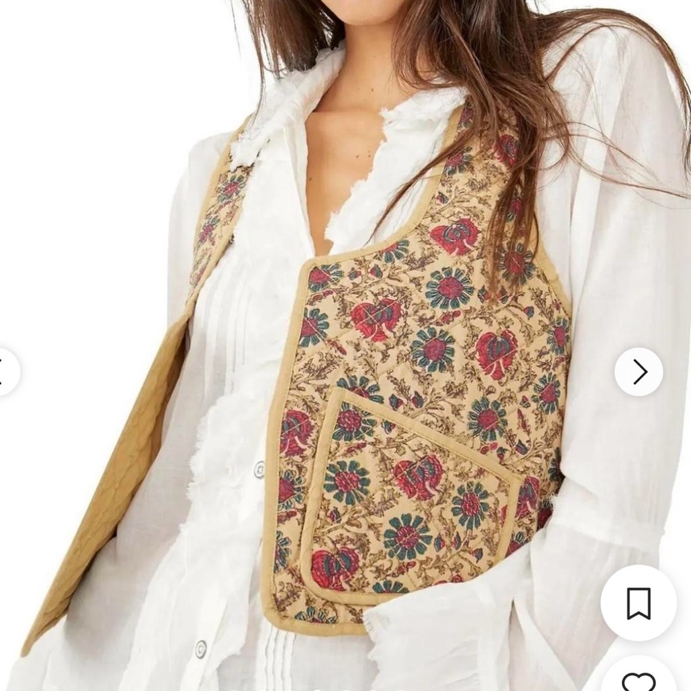 Free People Kenzie Floral Quilted Cotton Open Front Vest Tan Boho Women’s M